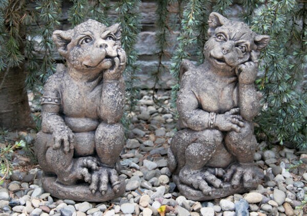 Listening Thinking Gargoyle Set Pair Garden Statuary Cement Unique
